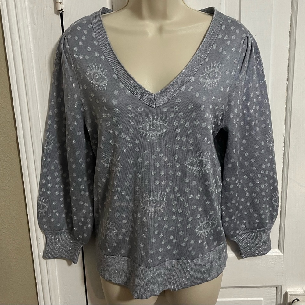 Anna Cate Eye Print Knit Top Sweater Small Blue Gray Sparkly N2